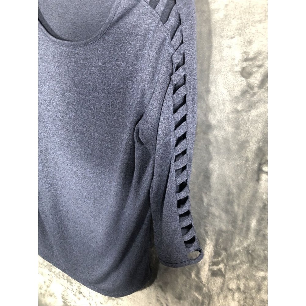 BCX Shirt Woman’s Blouse Lattice Cut Out Sleeves Size Adult Small Slate Blue - Picture 5 of 8